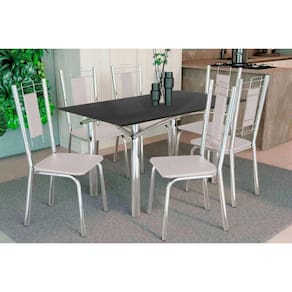 Sala de Jantar Completa Elba Tampo Madeirado c/ Vidro 120cm e 6 Cadeiras Florença Cromada/Preto - Courano Branco - Kappesberg