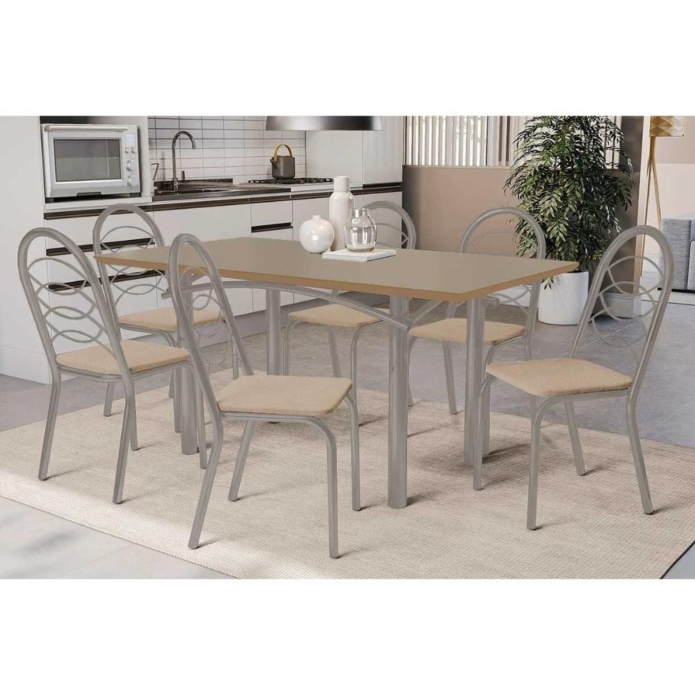 Sala de Jantar Completa Elba Tampo Madeirado c/ Vidro 160cm e 6 Cadeiras Holanda Niquel/Freijo Bronze - Courano Bege - Kappesberg