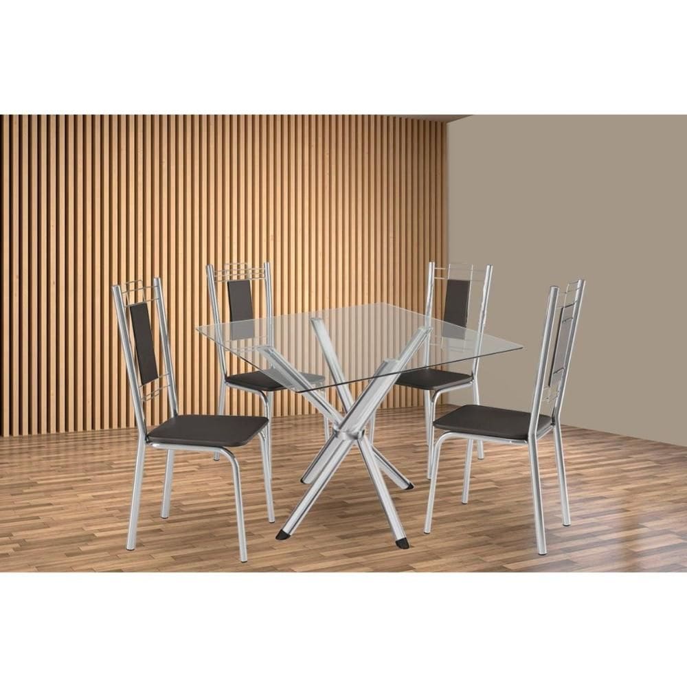 Sala de Jantar Completa Volga c/ Tampo de Vidro 90cm e 4 Cadeiras Florença Cromada - Courano Preto - Kappesberg