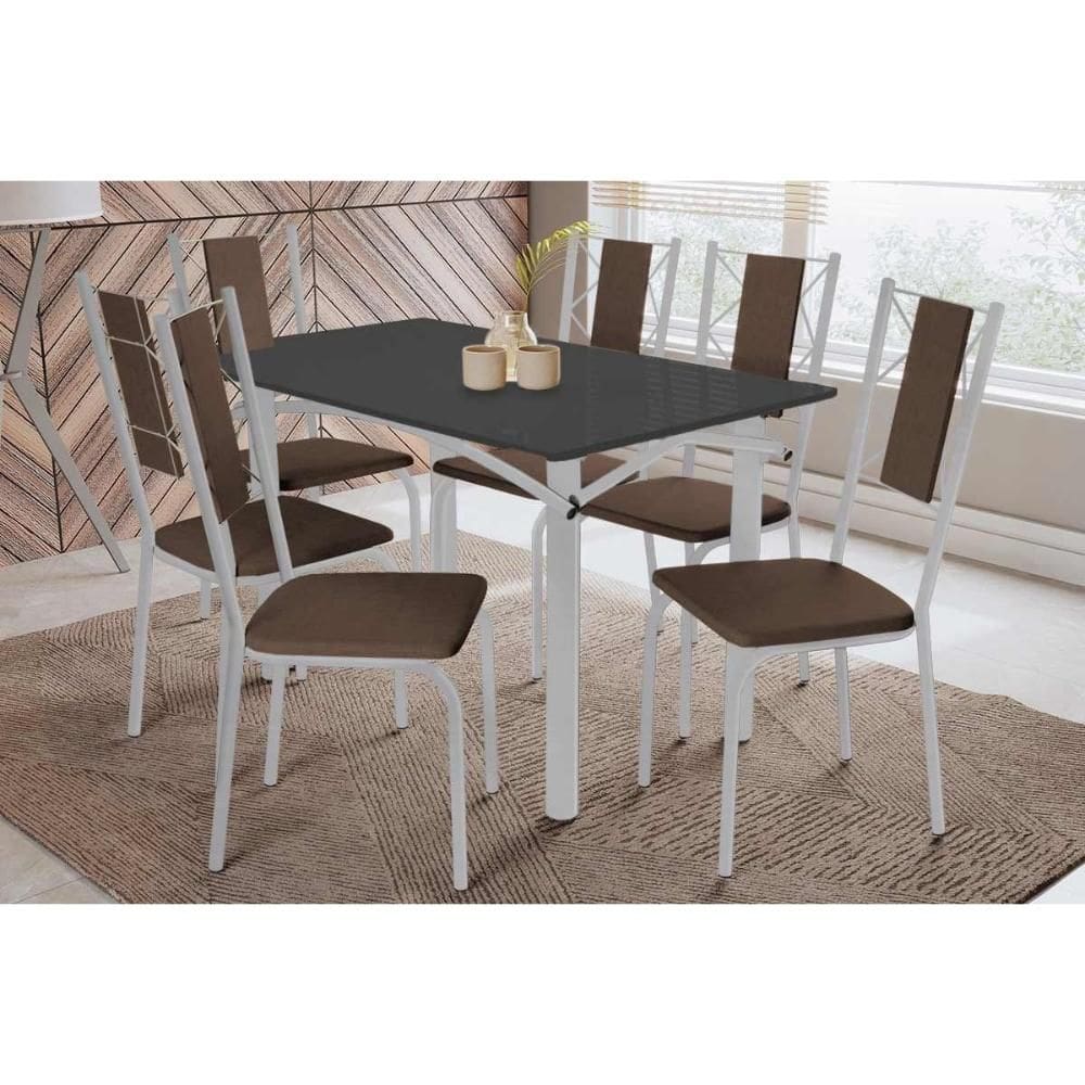 Sala de Jantar Completa Elba Tampo Madeirado c/ Vidro 120cm e 6 Cadeiras Lisboa Cromada/Preto - Courano Marrom - Kappesberg