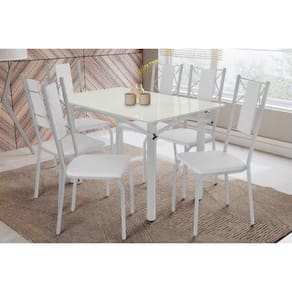 Sala de Jantar Completa Elba Tampo Madeirado c/ Vidro 120cm e 6 Cadeiras Lisboa Cromada/Off White - Courano Branco - Kappesberg