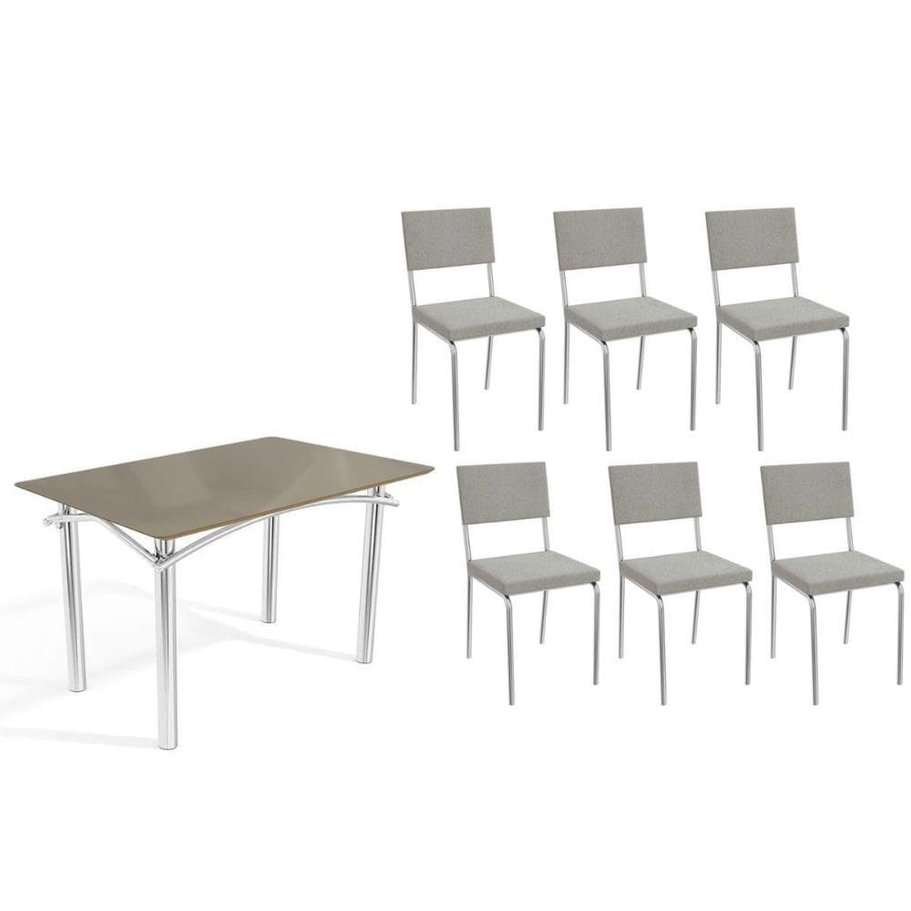 Sala de Jantar Completa Elba Tampo Madeirado c/ Vidro 120cm e 6 Cadeiras Zaria Cromada/Freijo Bronze - Boucle Cinza - Kappesberg