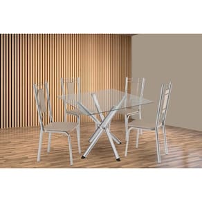 Sala de Jantar Completa Volga c/ Tampo de Vidro 90cm e 4 Cadeiras Florença Cromada - Courano Bege - Kappesberg