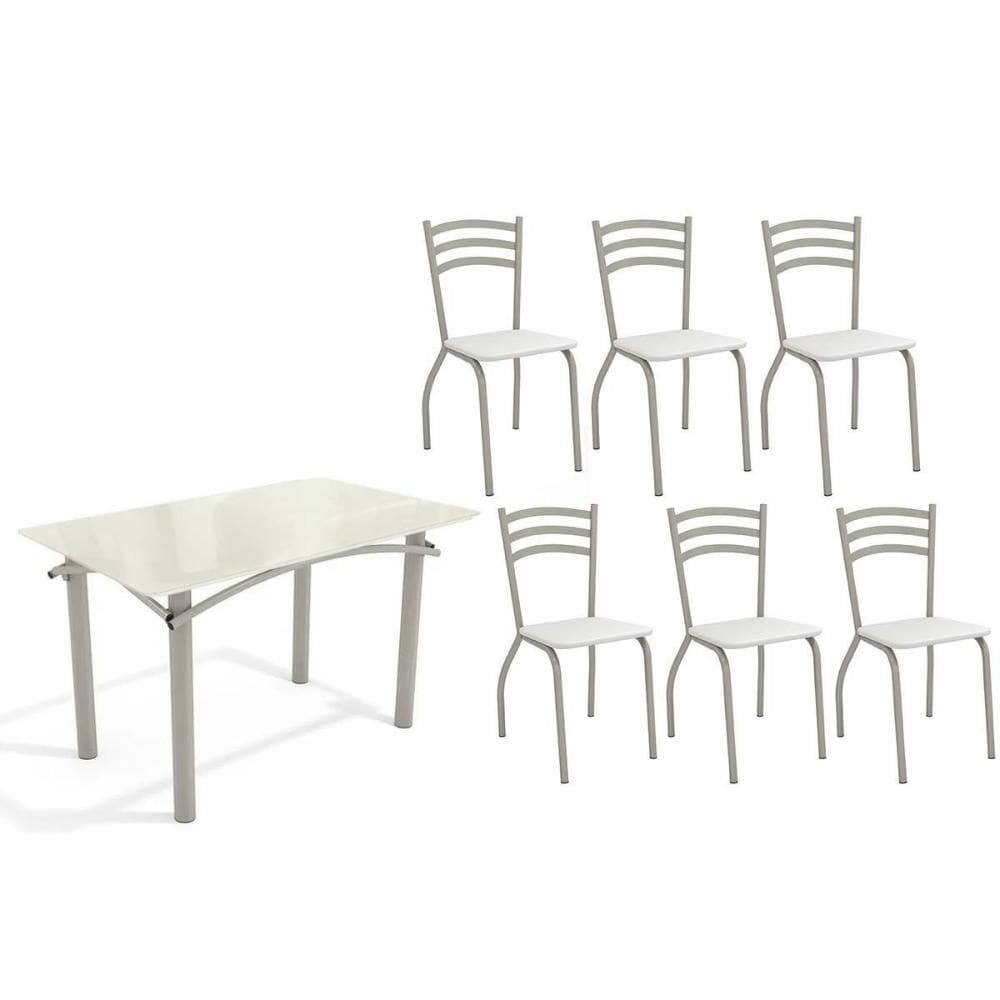 Sala de Jantar Completa Elba Tampo Madeirado c/ Vidro 120cm e 6 Cadeiras Portugal Niquel/Off White - Courano Branco - Kappesberg