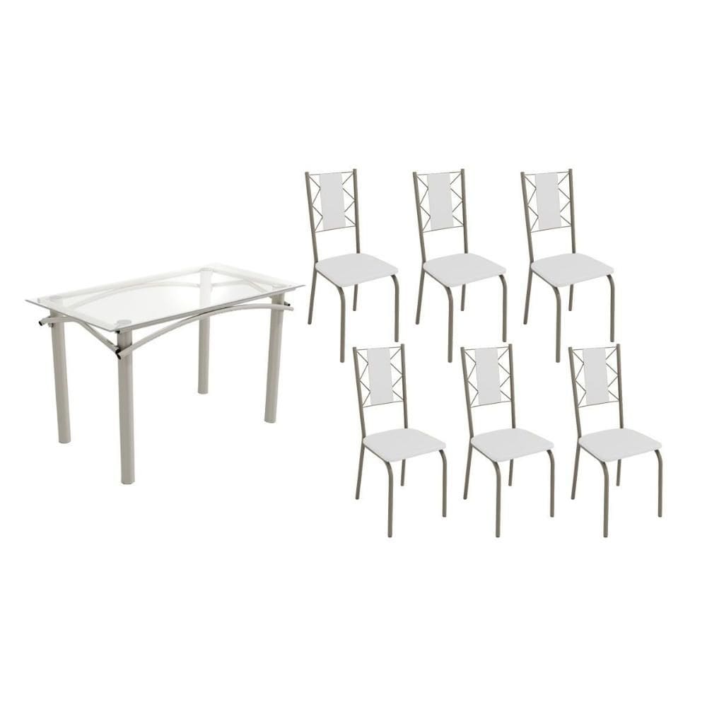 Sala de Jantar Completa Elba c/ Tampo de Vidro 120cm e 6 Cadeiras Lisboa Niquel - Courano Branco - Kappesberg