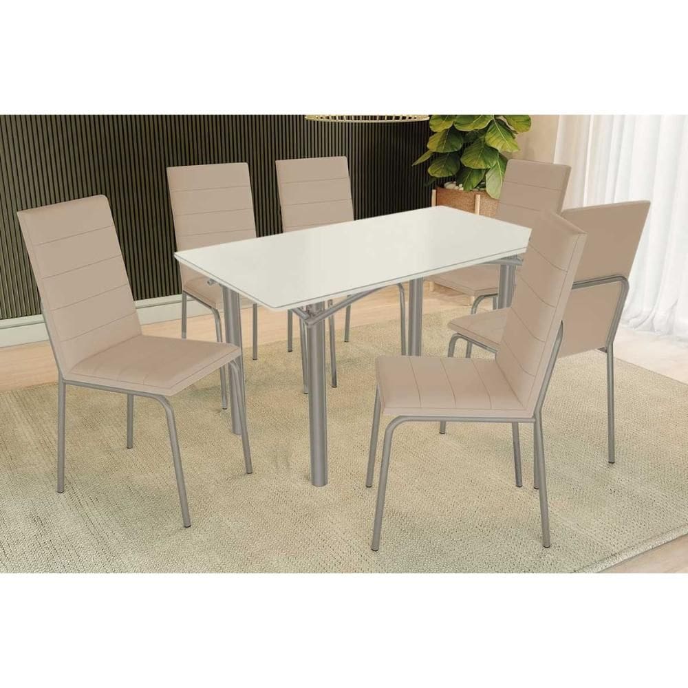 Sala de Jantar Completa Elba Tampo Madeirado c/ Vidro 160cm e 6 Cadeiras Amsterdã Niquel/Off White - Courano Bege - Kappesberg