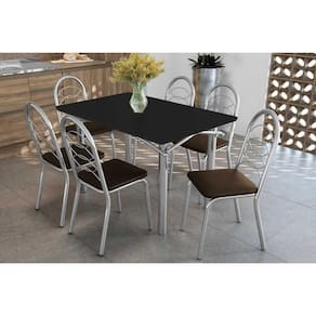 Sala de Jantar Completa Elba Tampo Madeirado c/ Vidro 120cm e 6 Cadeiras Holanda Cromada/Preto - Courano Marrom - Kappesberg