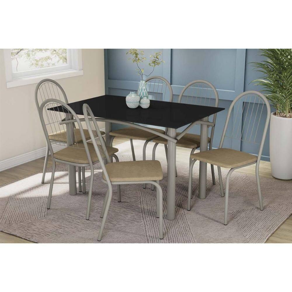 Sala de Jantar Completa Elba Tampo Madeirado c/ Vidro 120cm e 6 Cadeiras Noruega Niquel/Preto - Courano Capuccino - Kappesberg