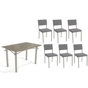 Sala de Jantar Completa Elba Tampo Madeirado c/ Vidro 120cm e 6 Cadeiras Zaria Niquel/Freijo Bronze - Suede Cinza - Kappesberg