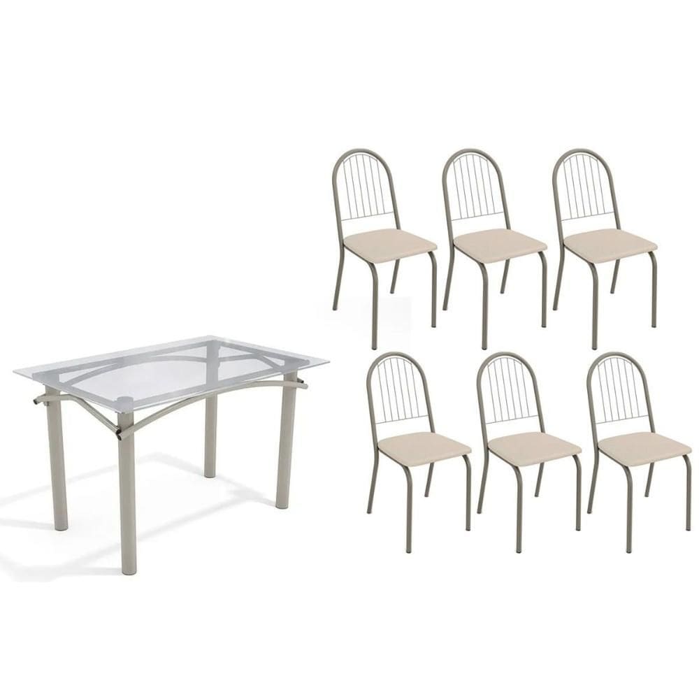 Sala de Jantar Completa Elba c/ Tampo de Vidro 120cm e 6 Cadeiras Noruega Niquel - Courano Bege - Kappesberg