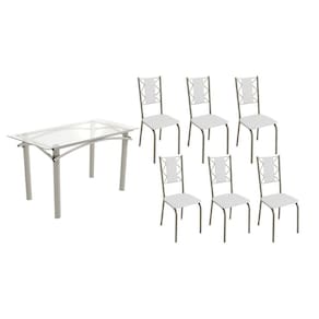 Sala de Jantar Completa Elba c/ Tampo de Vidro 140cm e 6 Cadeiras Lisboa Niquel - Courano Branco - Kappesberg