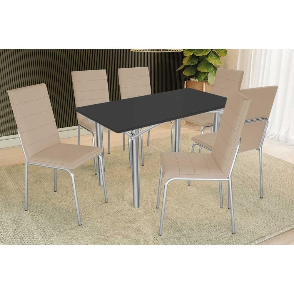 Sala de Jantar Completa Elba Tampo Madeirado c/ Vidro 160cm e 6 Cadeiras Amsterdã Cromada/Preto - Courano Bege - Kappesberg
