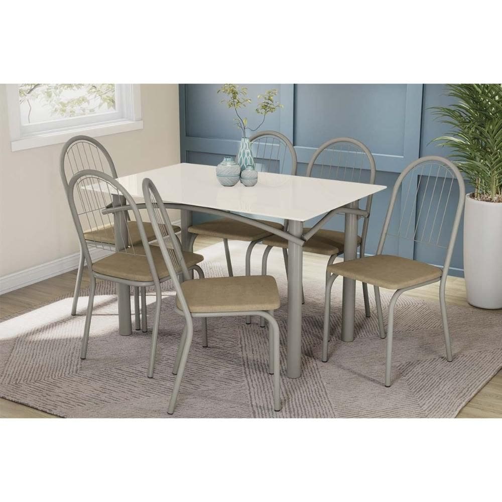 Sala de Jantar Completa Elba Tampo Madeirado c/ Vidro 120cm e 6 Cadeiras Noruega Niquel/Off White - Courano Capuccino - Kappesberg