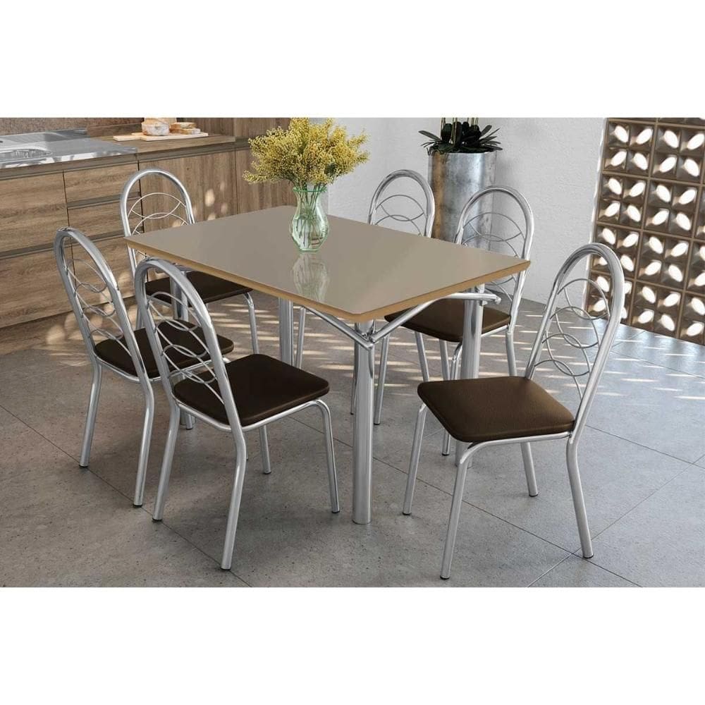 Sala de Jantar Completa Elba Tampo Madeirado c/ Vidro 120cm e 6 Cadeiras Holanda Cromada/Freijo Bronze - Courano Marrom - Kappesberg