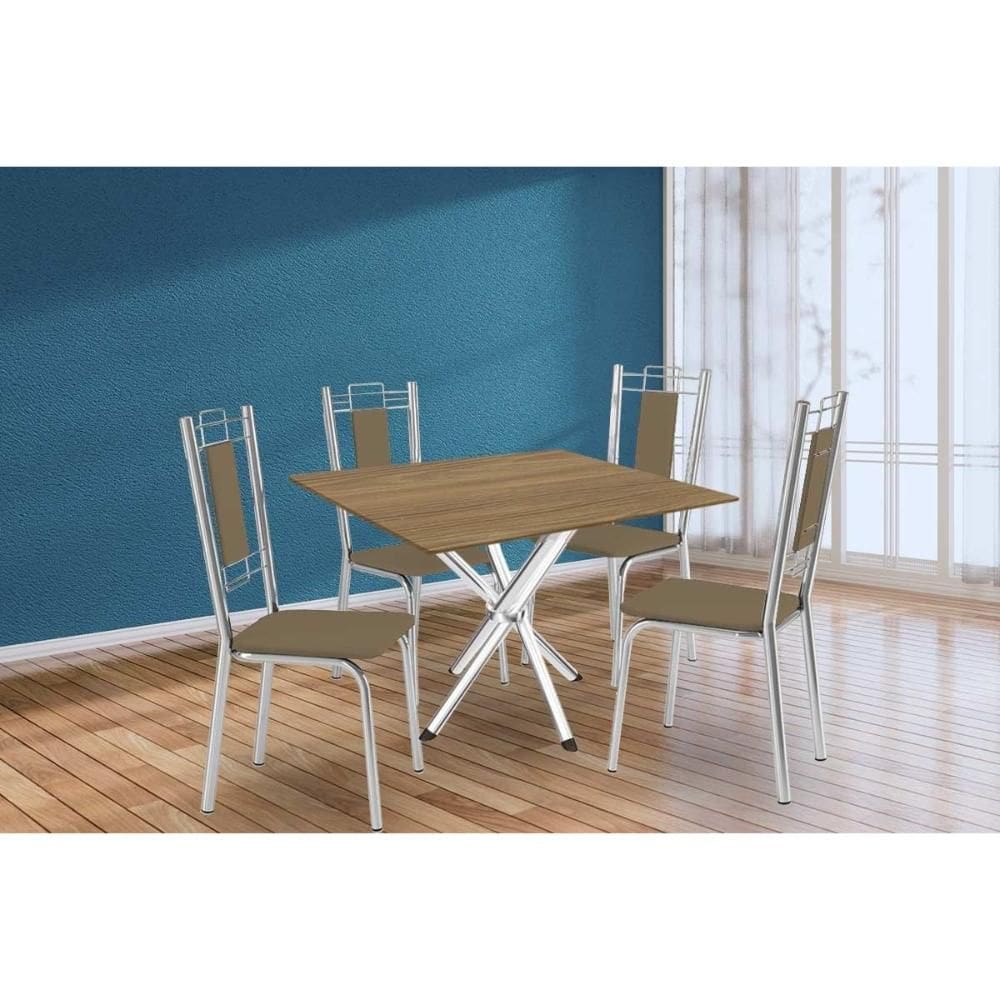 Sala de Jantar Completa Volga c/ Tampo de Madeira 90cm e 4 Cadeiras Lisboa Cromado/Nogueira - Capuccino - Kappesberg