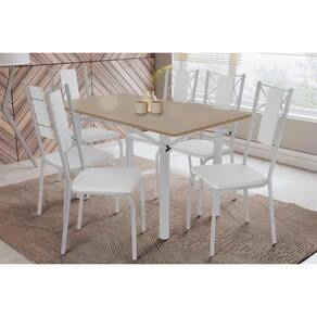 Sala de Jantar Completa Elba Tampo Madeirado c/ Vidro 160cm e 6 Cadeiras Lisboa Cromada/Freijo Bronze - Courano Branco - Kappesberg