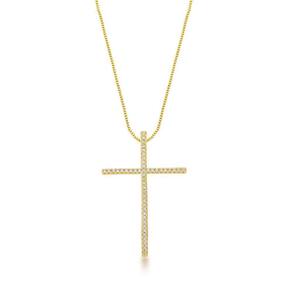 Colar Com Crucifixo Cravejado Banhado A Ouro 18k 60cm