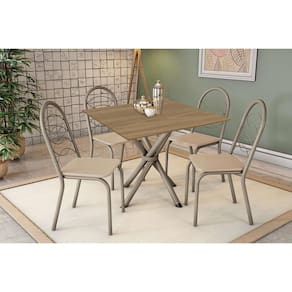 Sala de Jantar Completa Volga c/ Tampo de Madeira 90cm e 4 Cadeiras Holanda Niquel/Nogueira - Bege - Kappesberg