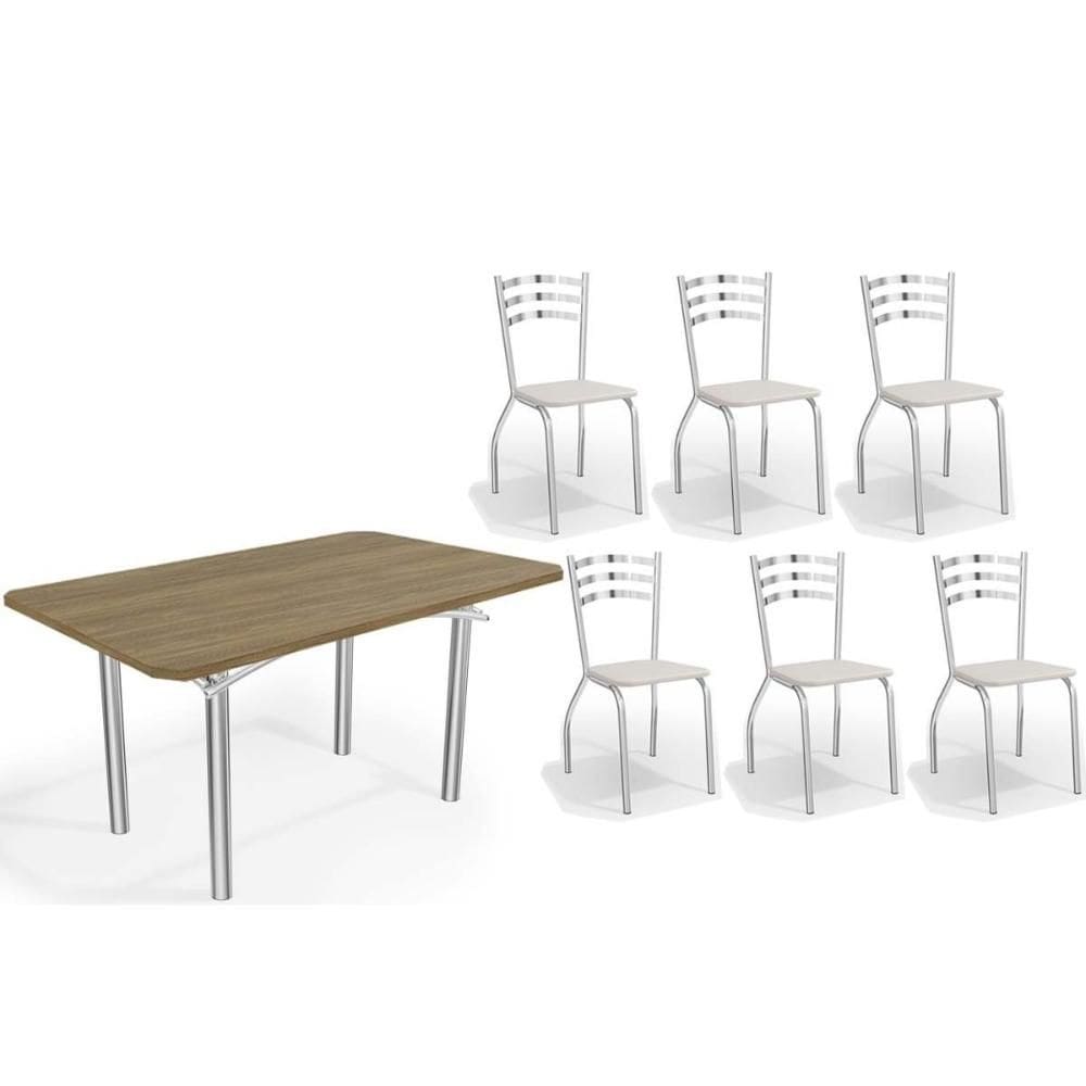 Sala de Jantar Completa Elba c/ Tampo de Madeira 160cm e 6 Cadeiras Portugal Cromada/Nogueira - Courano Branco - Kappesberg