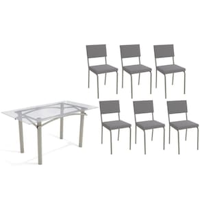 Sala de Jantar Completa Elba c/ Tampo de Vidro 150cm e 6 Cadeiras Zaria Niquel - Suede Cinza - Kappesberg