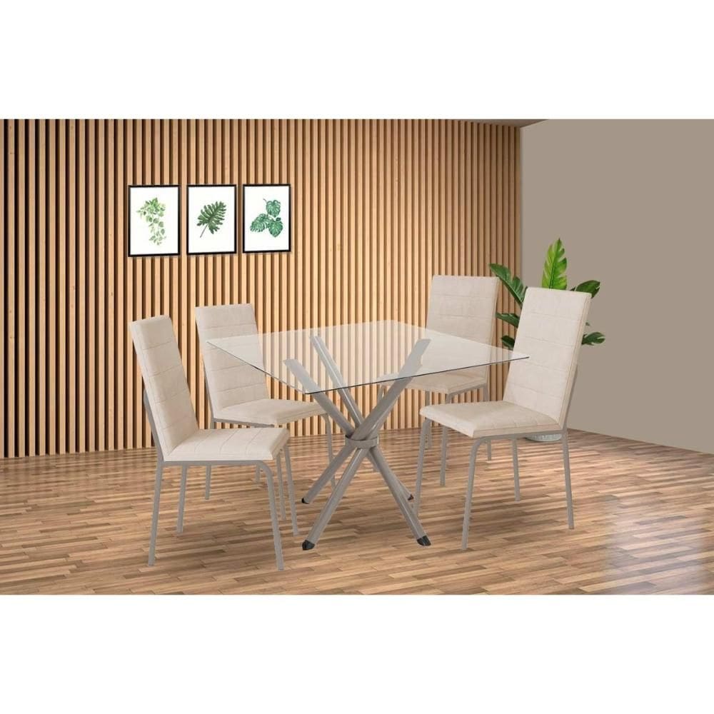 Sala de Jantar Completa Volga c/ Tampo de Vidro 90cm e 4 Cadeiras Amsterdã Niquel - Courano Bege - Kappesberg