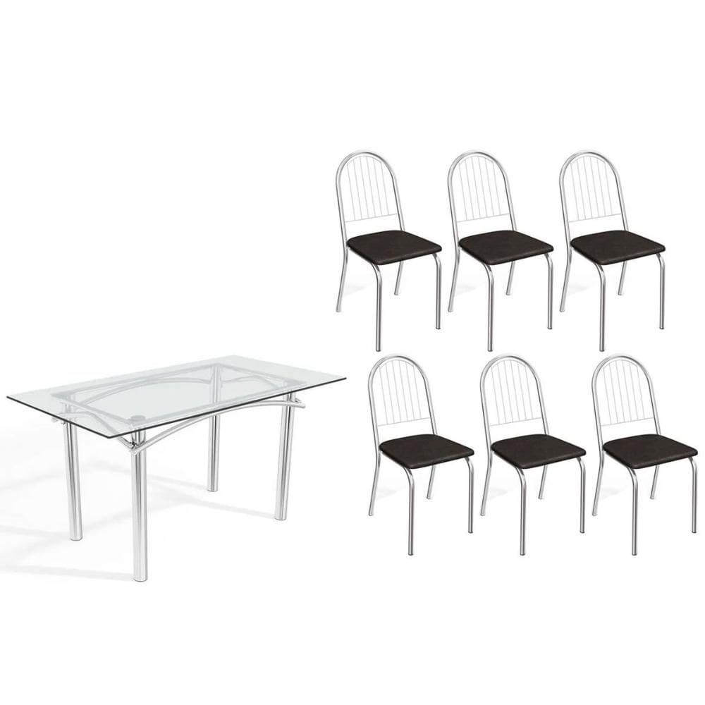 Sala de Jantar Completa Elba c/ Tampo de Vidro 150cm e 6 Cadeiras Noruega Cromada - Courano Preto - Kappesberg