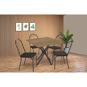 Sala de Jantar Completa Volga c/ Tampo de Madeira 90cm e 4 Cadeiras Noruega Preto/Nogueira - Preto - Kappesberg