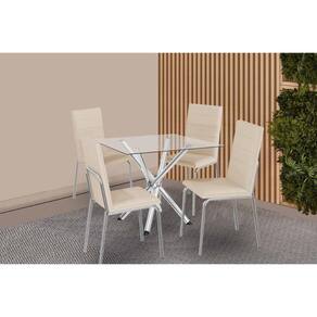 Sala de Jantar Completa Volga c/ Tampo de Vidro 90cm e 4 Cadeiras Amsterdã Cromada - Courano Bege - Kappesberg