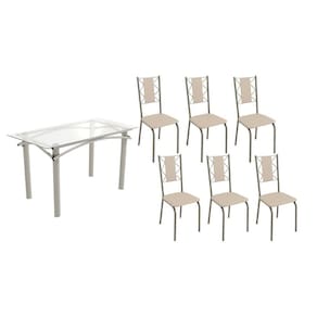 Sala de Jantar Completa Elba c/ Tampo de Vidro 140cm e 6 Cadeiras Lisboa Niquel - Courano Bege - Kappesberg