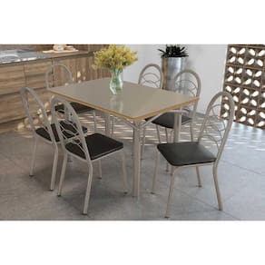 Sala de Jantar Completa Elba Tampo Madeirado c/ Vidro 120cm e 6 Cadeiras Holanda Niquel/Freijo Bronze - Courano Preto - Kappesberg