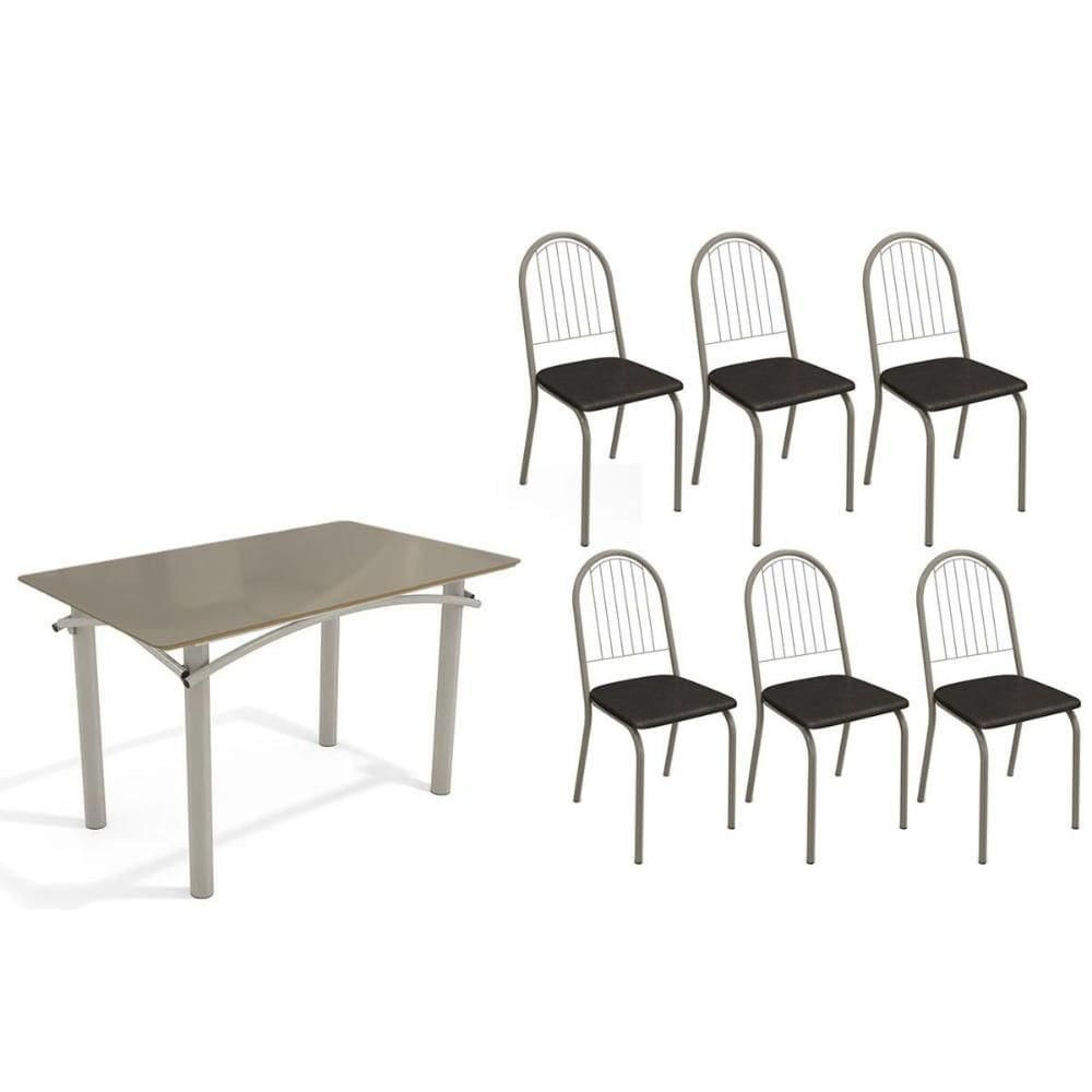 Sala de Jantar Completa Elba Tampo Madeirado c/ Vidro 120cm e 6 Cadeiras Noruega Niquel/Freijo Bronze - Courano Preto - Kappesberg
