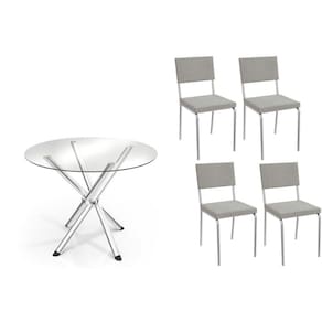 Sala de Jantar Completa Volga c/ Tampo de Vidro 95cm e 4 Cadeiras Zaria Cromada - Boucle Cinza - Kappesberg