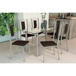 Sala de Jantar Completa Elba c/ Tampo de Vidro 140cm e 6 Cadeiras Florença Niquel - Courano Marrom - Kappesberg