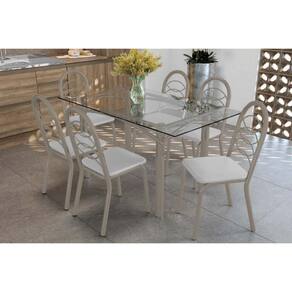 Sala de Jantar Completa Elba c/ Tampo de Vidro 150cm e 6 Cadeiras Holanda Niquel - Courano Branco - Kappesberg