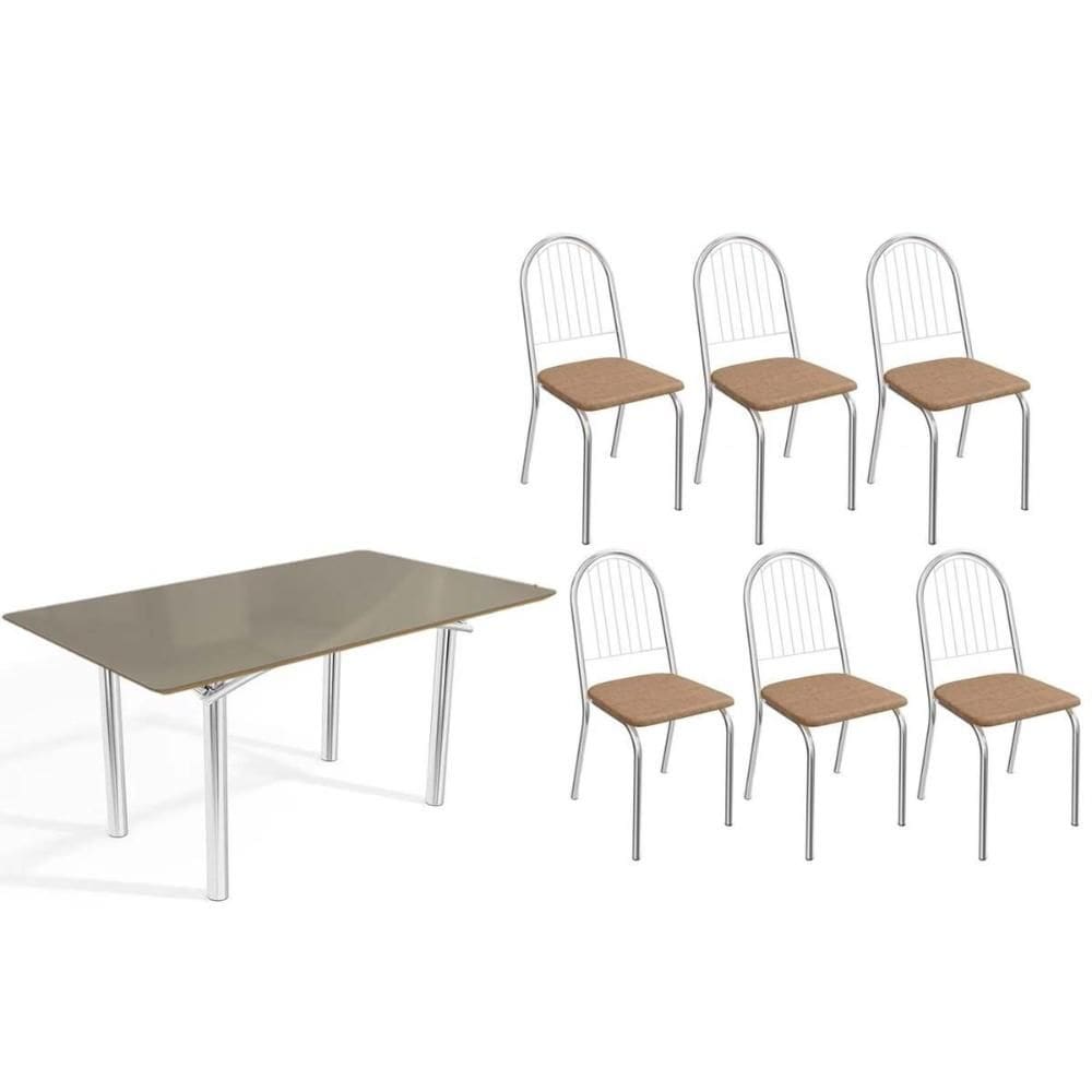 Sala de Jantar Completa Elba Tampo Madeirado c/ Vidro 160cm e 6 Cadeiras Noruega Cromada/Freijo Bronze - Courano Capuccino - Kappesberg