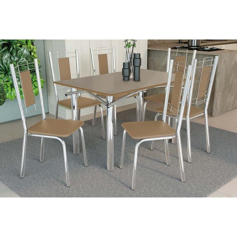 Sala de Jantar Completa Elba Tampo Madeirado c/ Vidro 120cm e 6 Cadeiras Florença Cromada/Freijo Bronze - Courano Capuccino - Kappesberg