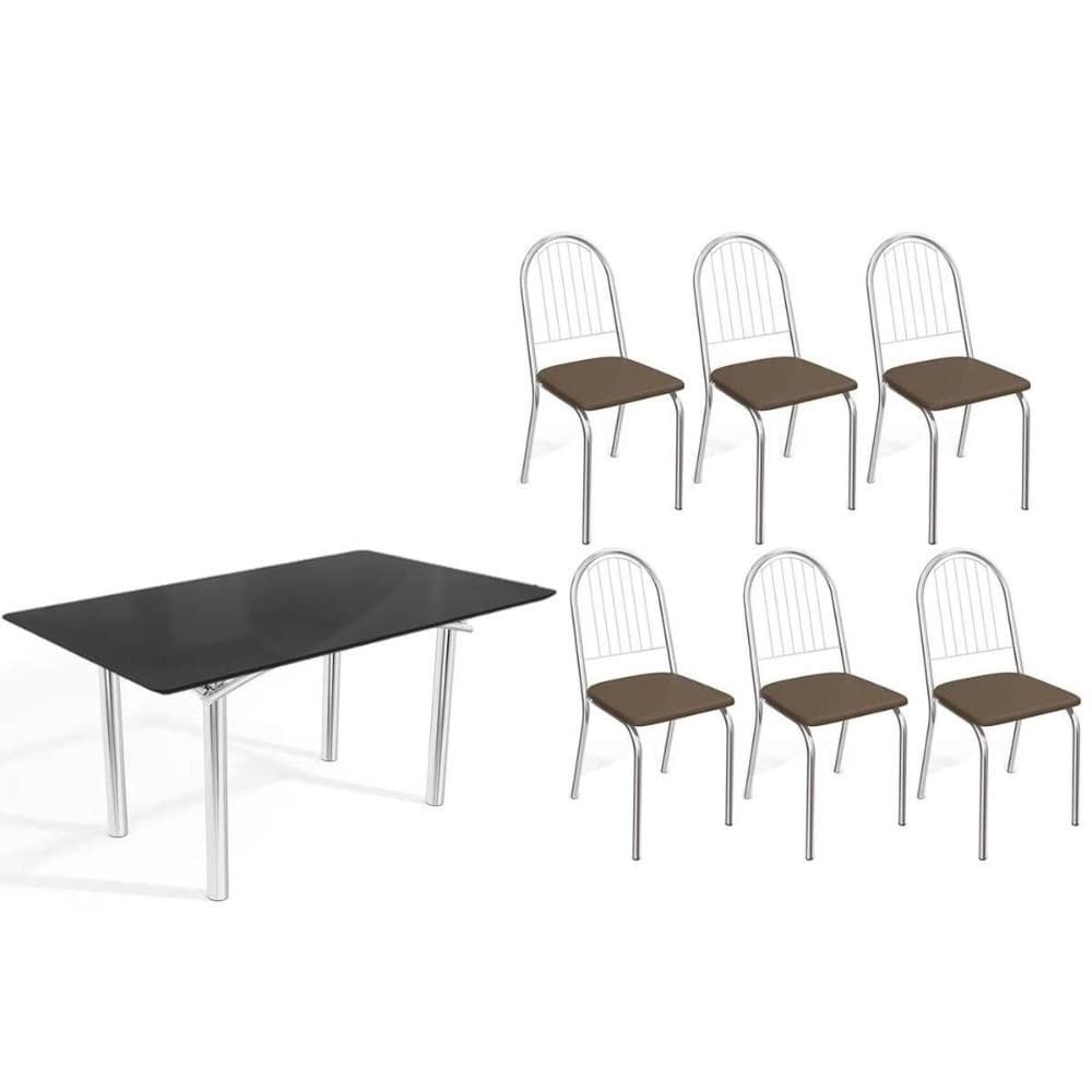 Sala de Jantar Completa Elba Tampo Madeirado c/ Vidro 160cm e 6 Cadeiras Noruega Cromada/Preto - Courano Marrom - Kappesberg