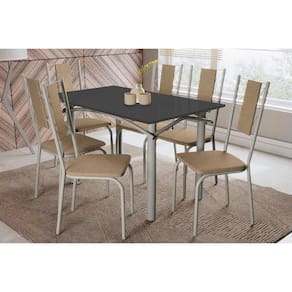 Sala de Jantar Completa Elba Tampo Madeirado c/ Vidro 120cm e 6 Cadeiras Lisboa Niquel/Preto - Courano Capuccino - Kappesberg