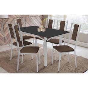 Sala de Jantar Completa Elba Tampo Madeirado c/ Vidro 160cm e 6 Cadeiras Lisboa Cromada/Preto - Courano Marrom - Kappesberg