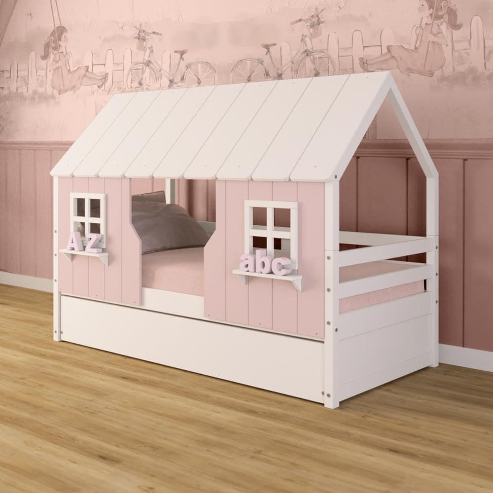 Bicama Casinha Encantada Madeira Maciça Rosa/ Branco Megamobilia