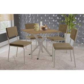 Sala de Jantar Completa Volga c/ Tampo de Madeira 90cm e 4 Cadeiras Zaria Niquel/Nogueira - Suede Bege - Kappesberg