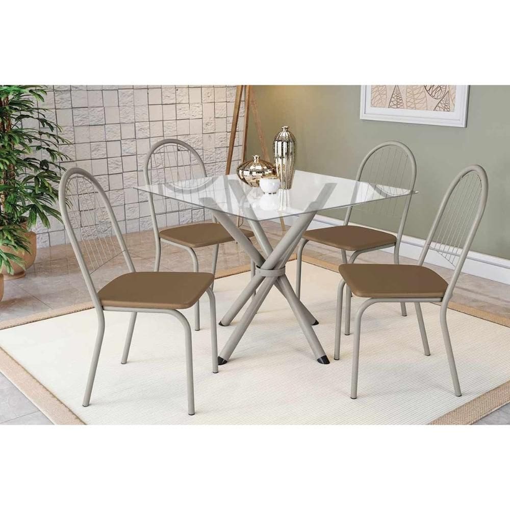 Sala de Jantar Completa Volga c/ Tampo de Vidro 90cm e 4 Cadeiras Noruega Niquel - Courano Capuccino - Kappesberg