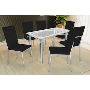 Sala de Jantar Completa Elba c/ Tampo de Vidro 120cm e 6 Cadeiras Amsterdã Cromada - Courano Preto - Kappesberg