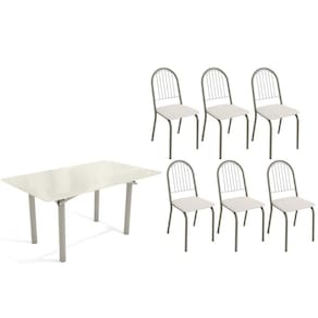 Sala de Jantar Completa Elba Tampo Madeirado c/ Vidro 160cm e 6 Cadeiras Noruega Niquel/Off White - Courano Branco - Kappesberg