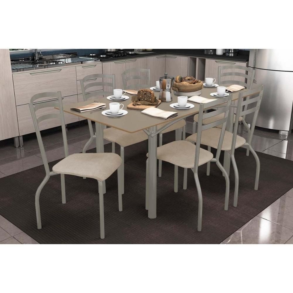 Sala de Jantar Completa Elba Tampo Madeirado c/ Vidro 160cm e 6 Cadeiras Portugal Niquel/Freijo Bronze - Courano Bege - Kappesberg