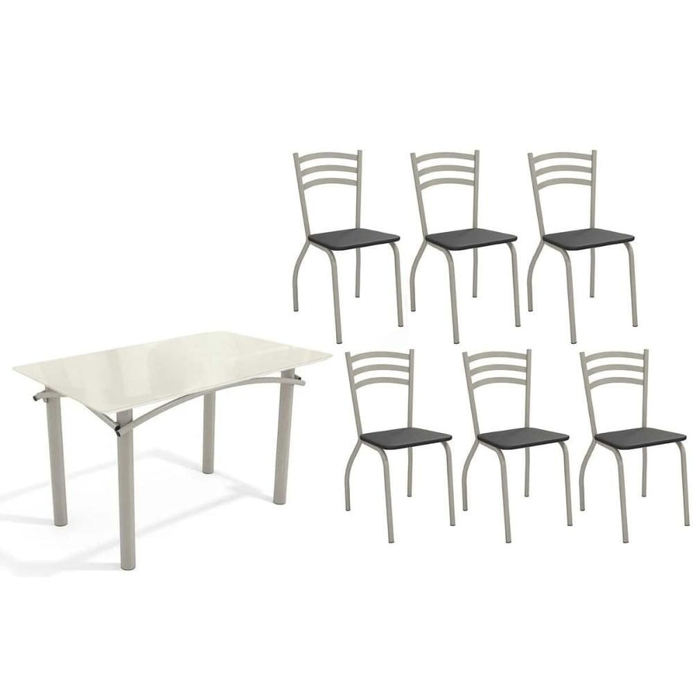 Sala de Jantar Completa Elba Tampo Madeirado c/ Vidro 120cm e 6 Cadeiras Portugal Niquel/Off White - Courano Preto - Kappesberg