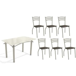 Sala de Jantar Completa Elba Tampo Madeirado c/ Vidro 120cm e 6 Cadeiras Portugal Niquel/Off White - Courano Marrom - Kappesberg