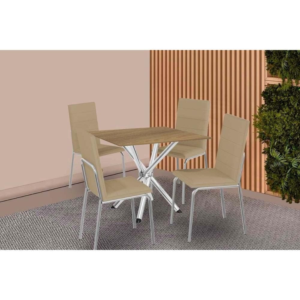 Sala de Jantar Completa Volga c/ Tampo de Madeira 90cm e 4 Cadeiras Amsterdã Cromado/Nogueira - Capuccino - Kappesberg