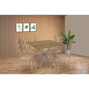 Sala de Jantar Completa Volga c/ Tampo de Madeira 90cm e 4 Cadeiras Lisboa Niquel/Nogueira - Bege - Kappesberg