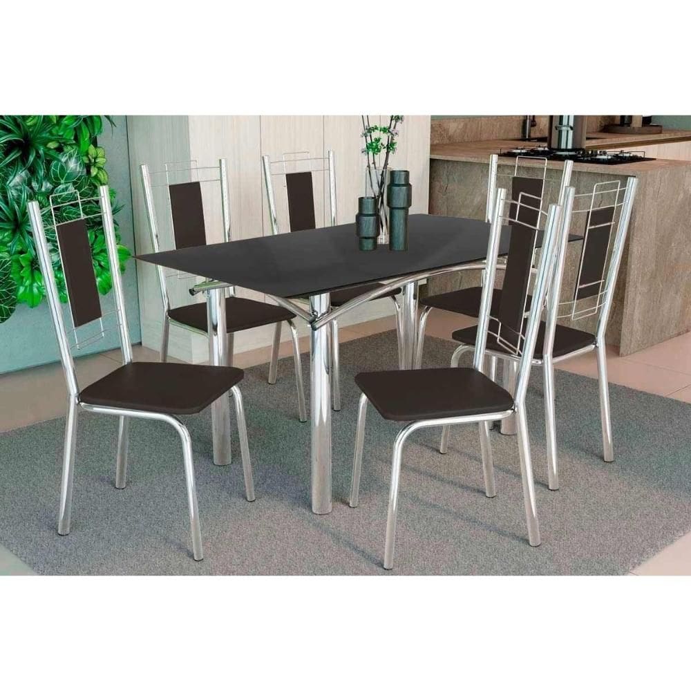 Sala de Jantar Completa Elba Tampo Madeirado c/ Vidro 120cm e 6 Cadeiras Florença Cromada/Preto - Courano Preto - Kappesberg